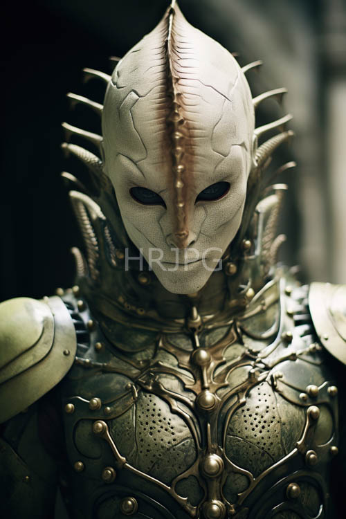 alien warriors weathered armor plating reflects faint ambient light in ancient temple ruins