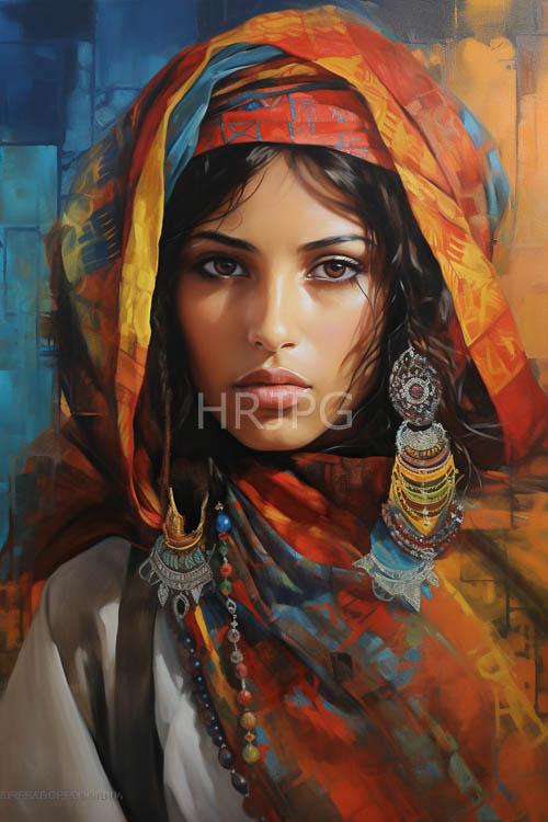 womans intricately patterned headscarf cascades down her back in a bustling market