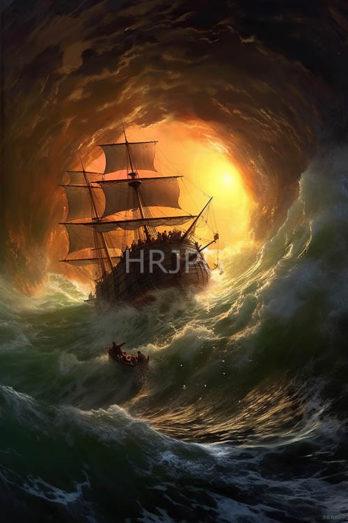 massive wooden sails billowing in turbulent stormy weather conditions