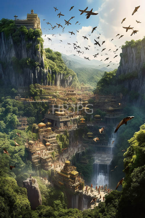carved spires rise above green mountain cities under skies