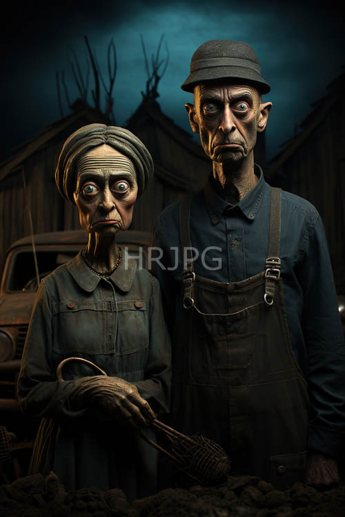 elderly couple standing before weathered wooden buildings at dusk