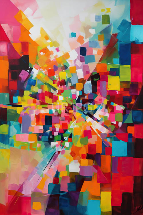 red spheres intersecting geometric shapes in iridescent hues amidst dynamic gradient