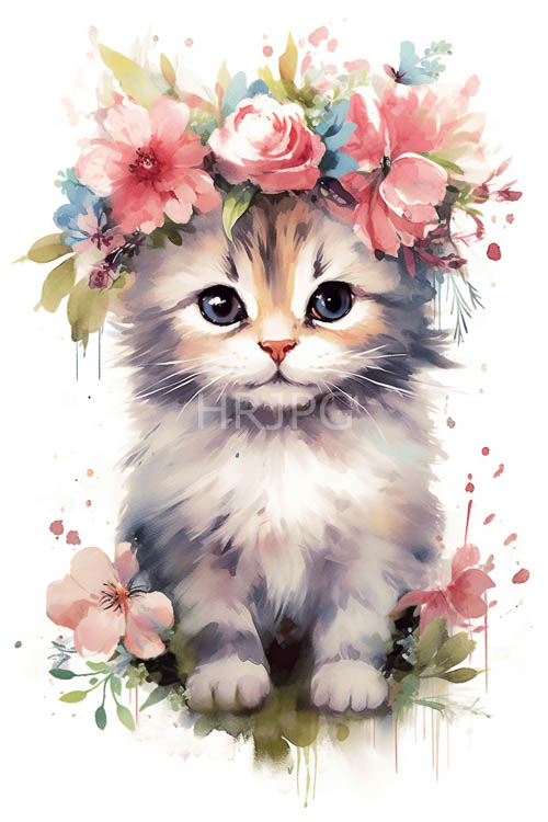 kitten encircled by delicate floral crown in whimsical watercolor