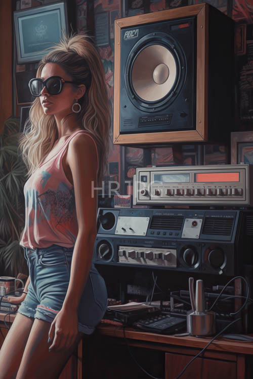 High Resolution: Blonde Woman Poses Beside Vintage Stereo Equipment in Faded Patterned Room download. | HRJPG.com