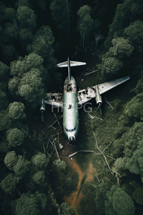 tall sentinel trees reclaim abandoned aircraft with deep emerald green canopies flaking paint and twisted metal