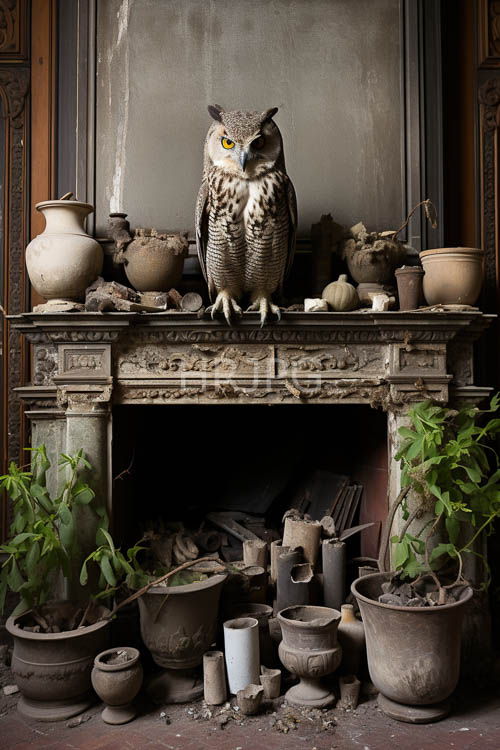 mottled brown owl perched majestically on dark wooden fireplace mantel amidst vintagestyle room
