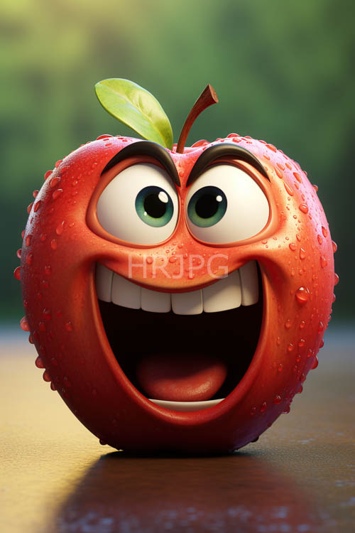 pool water splashes around apple characters near green leaves