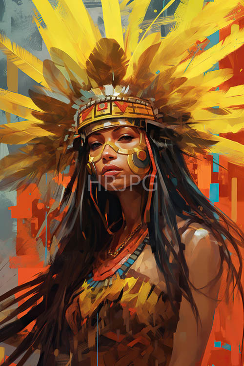 native american woman in elegant attire adorns vibrant orange background