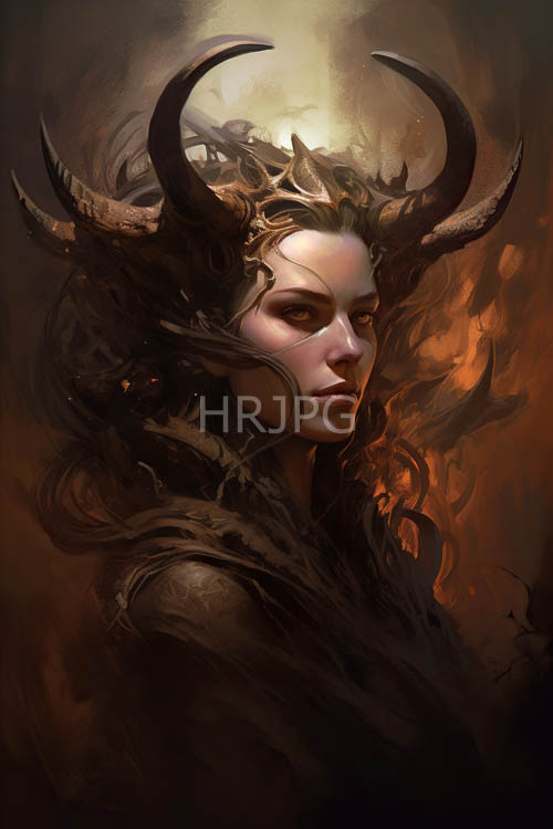 horned faces emerge from orange wavy hair landscapes