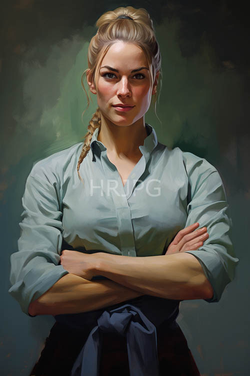 woman in forestinspired outfit with intricate braids and muted shirt