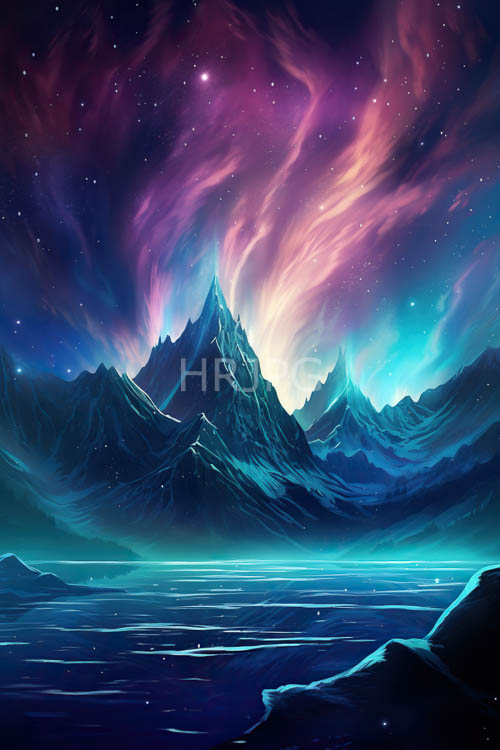 frosty mountains piercing celestial aurora patterns above turquoise waters