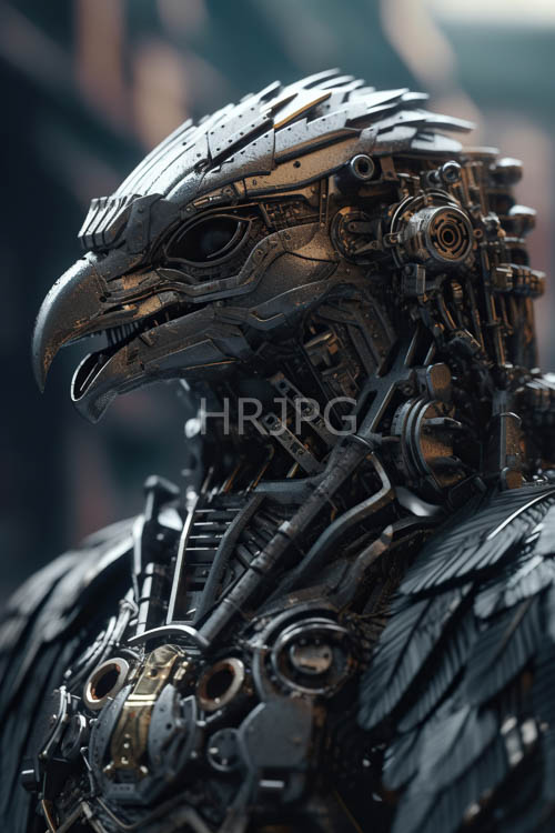 cybernetic avian form exhibits delicate metallic feathers amid industrial hues