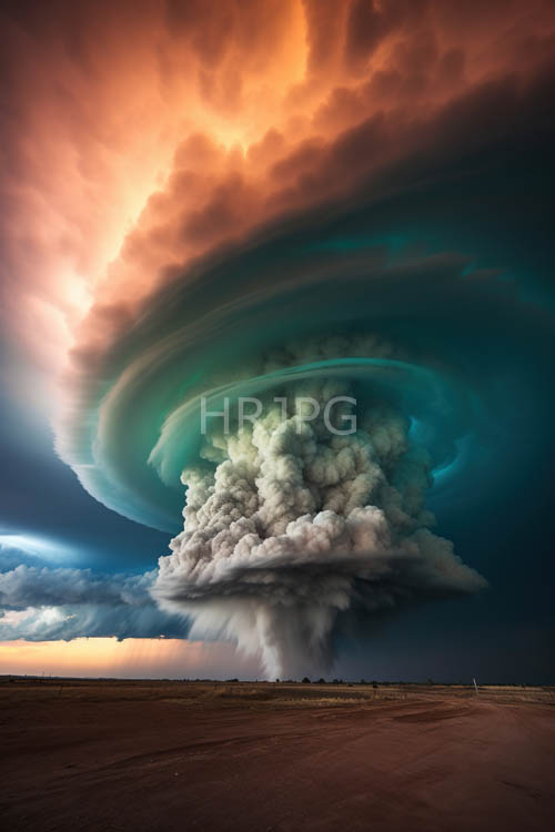 cumulus clouds confront turbulent skies with swirling vortices and kaleidoscopic blues and greens