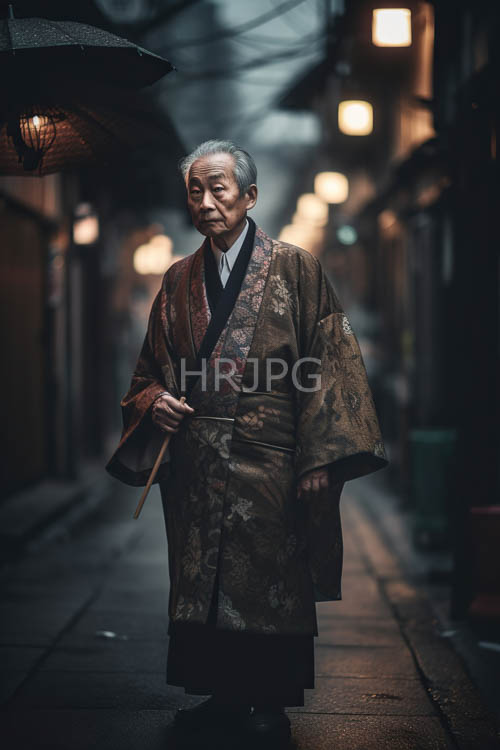 High Resolution: Elderly Asian Man in Dim Alleyway Worn Kimono Faded Advertisements download. | HRJPG.com