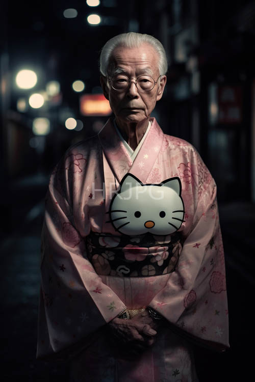 elderly asian man amidst crowded city streets with neon and street food aromas