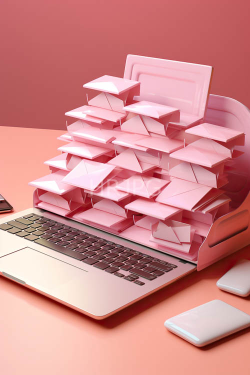 silver laptop glides effortlessly across desk amidst coral peach hues