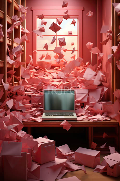 luminous desk with dusty wooden grain and floating pink cubes