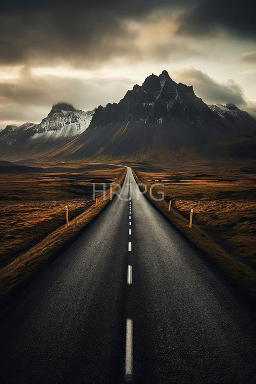 asphalt roads stretch out before us illuminated by creeping light weathered posts line edges yellow grassy fields ablaze with goldenbrown hues