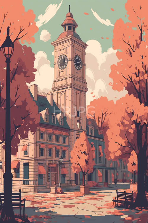 ochrehued brick fa ades of aged buildings complement rustred accents under vibrant orange foliage