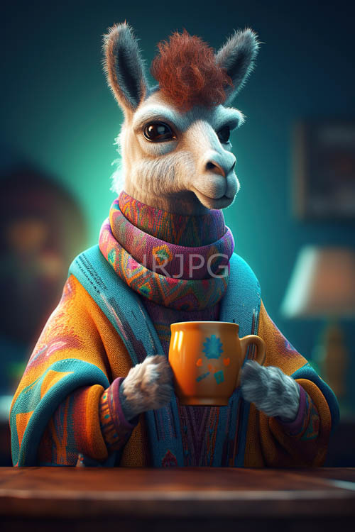 llama adorned with colorful knitted sweaters in intimate teal setting