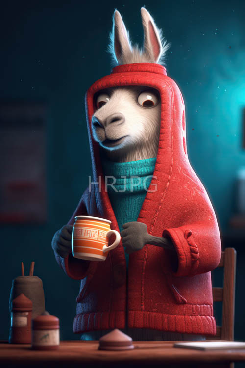 muted background anthropomorphic donkey holds vibrant orange mug with faded utensils