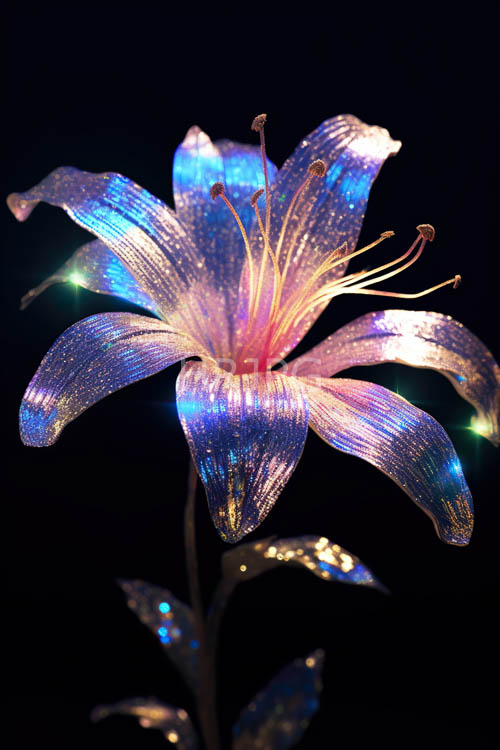 luminous petal unfolding in inky blackness amidst delicate swirling patterns