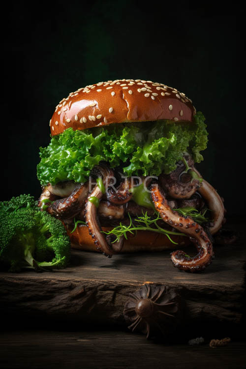 sesameseeded buns cascade over earthy tones on weathered wooden platter under lowhanging light