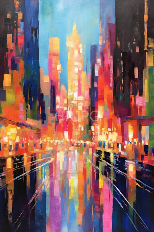 sleek skyscrapers pierce the sky reflected in the shiny river below amidst colorful cityscape
