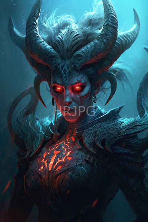 imposing figure with pale blue skin and horned headdress in ancient temple