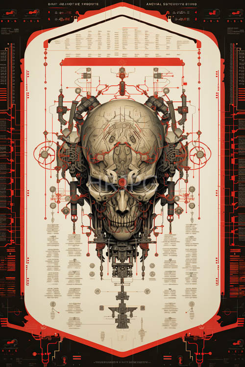 High Resolution: Red lines slice through intricately detailed skull amidst copper wiring and circuitry download. | HRJPG.com