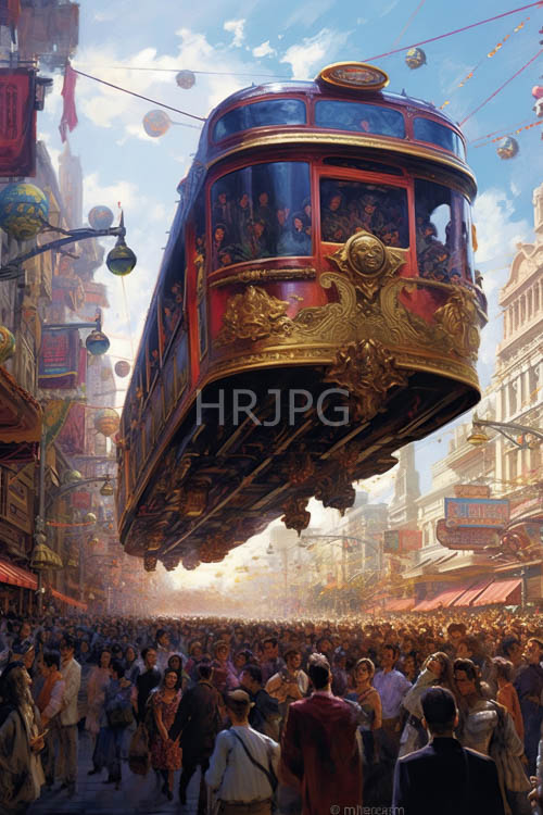 suspended trams float above city streets under bright skies