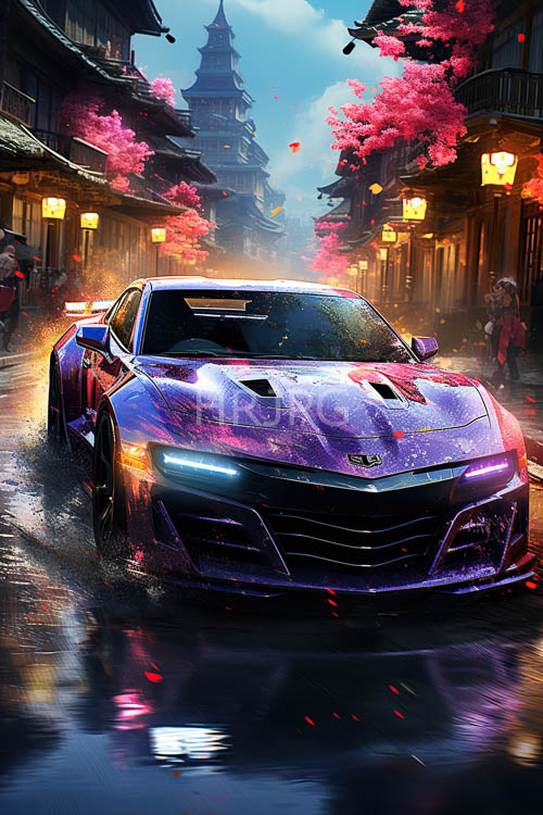 sports car cruises through city streets with cherry blossoms and pagoda in background
