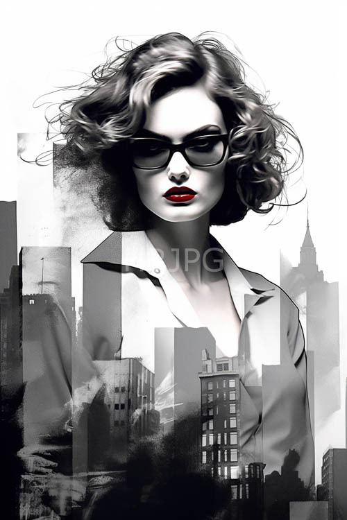 cityscape sprawls before woman in stark light amidst grays and blacks with neon splashes