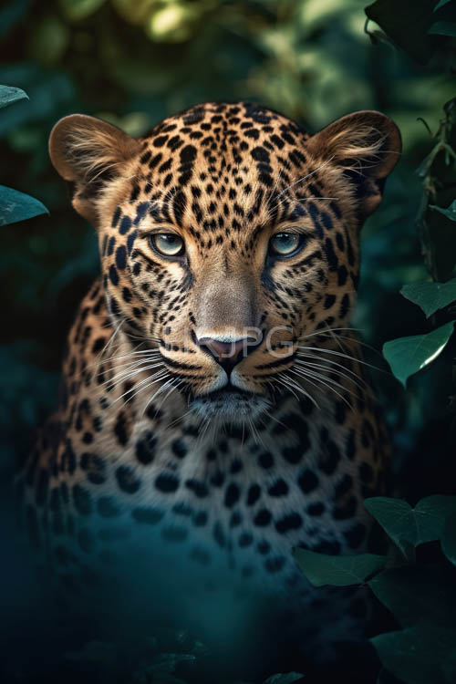feline form amidst tropical leafy canopy of densely packed chlorophyll and tannins