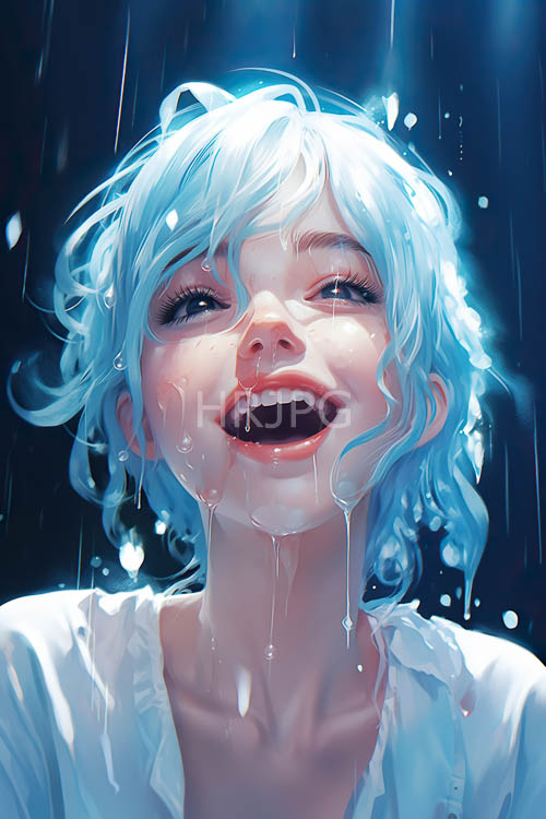 raindrops cascade down animestyle girls face amidst softly glowing light