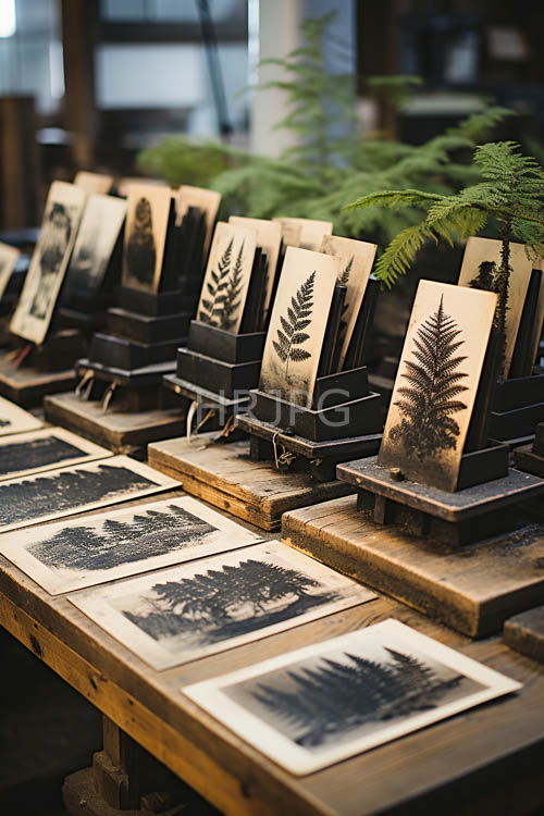 metal stands rise amidst varied fern leaf prints in lush market setting