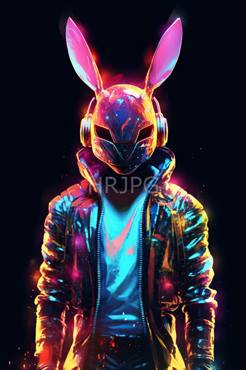 High Resolution: Pink Bunny Ears Protrude from Figures Head in Neon Hue Illuminating Masked Face download. | HRJPG.com