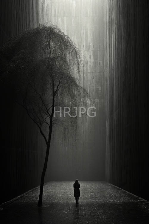 solitary figure stands amidst weathered cobblestone and fogkissed wooden slats