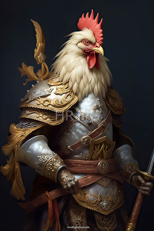 rooster torsos display ornate gilded armor plating designs