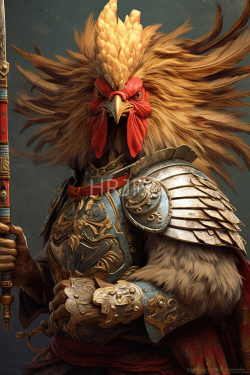 silver etched armor and ornate feathered plumage in a darkened studio setting with distant blue hues