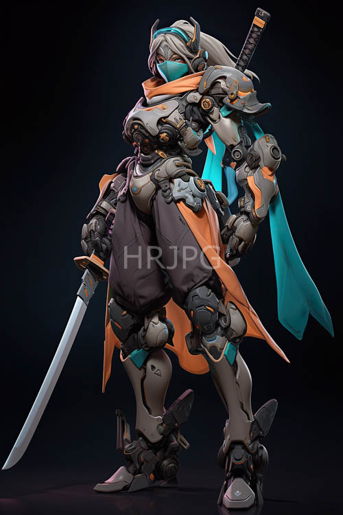 warriors armor accents gleam in dim light on worn stone floor with katana