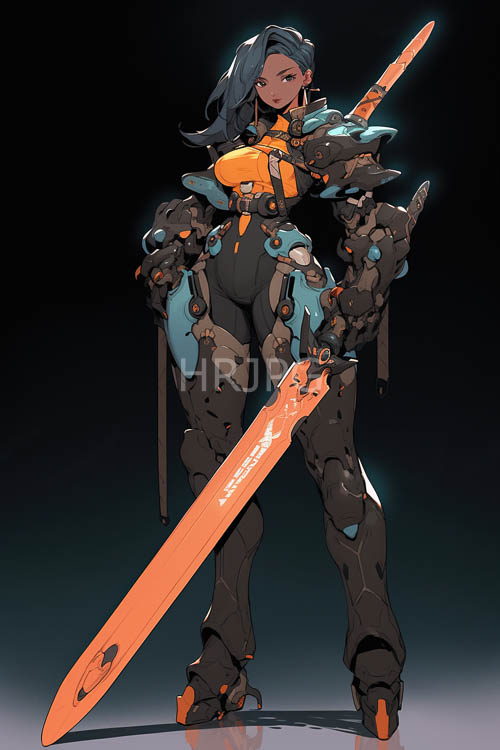 High Resolution: NeonOrange Accents Erupt on Dark Blue Hair Against Gradient Background download. | HRJPG.com