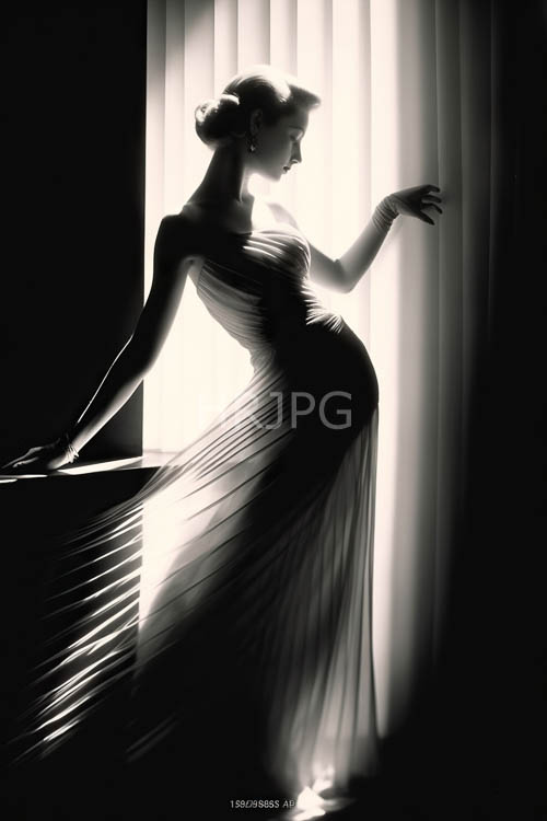 dark gray curtain folds frame standing female figures