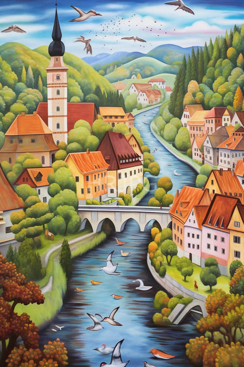 riverbank village textures of foliage and weathered cobblestone under dappled sunlight