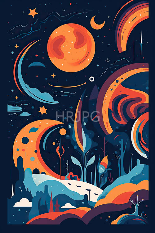 High Resolution: Celestial Realism with Stylized Trees and Gradual Color Transitions on Rolling Hills download. | HRJPG.com