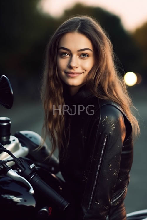 caucasian woman amidst wavy brown hair and green eyes in a black leather jacket with motorcycle