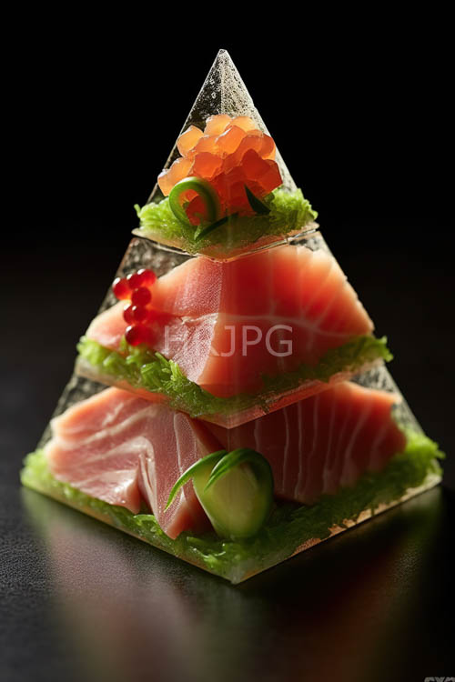 High Resolution: Seaweed wraps salmon pyramids on black base plates download. | HRJPG.com