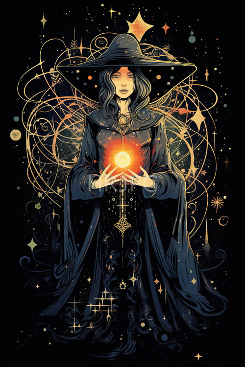 androgynous figure embraced by celestial weave of gold and crimson