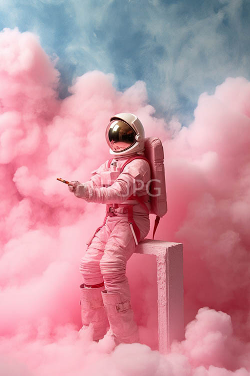 astronaut in bulky spacesuit sits atop pedestal in fluffy white cloud formation over gradual blue pastel sky