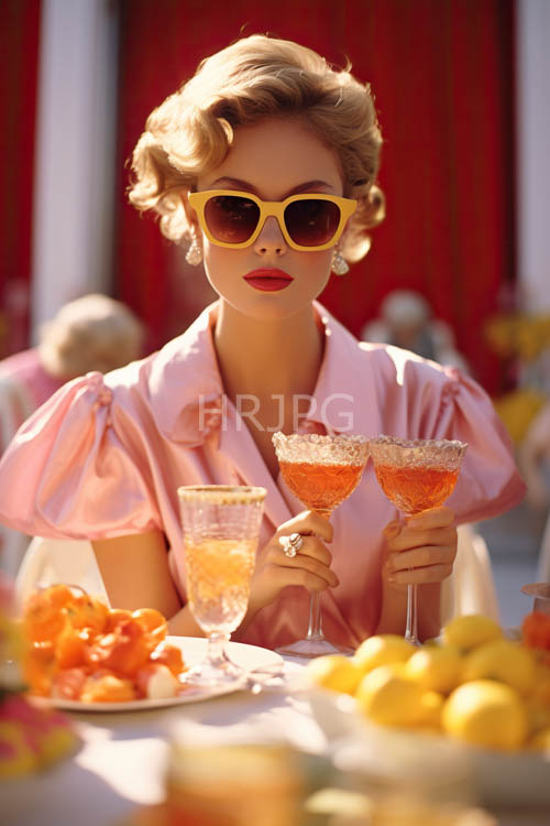 woman with blonde curls and red lipstick in morning sunlight cafe setting